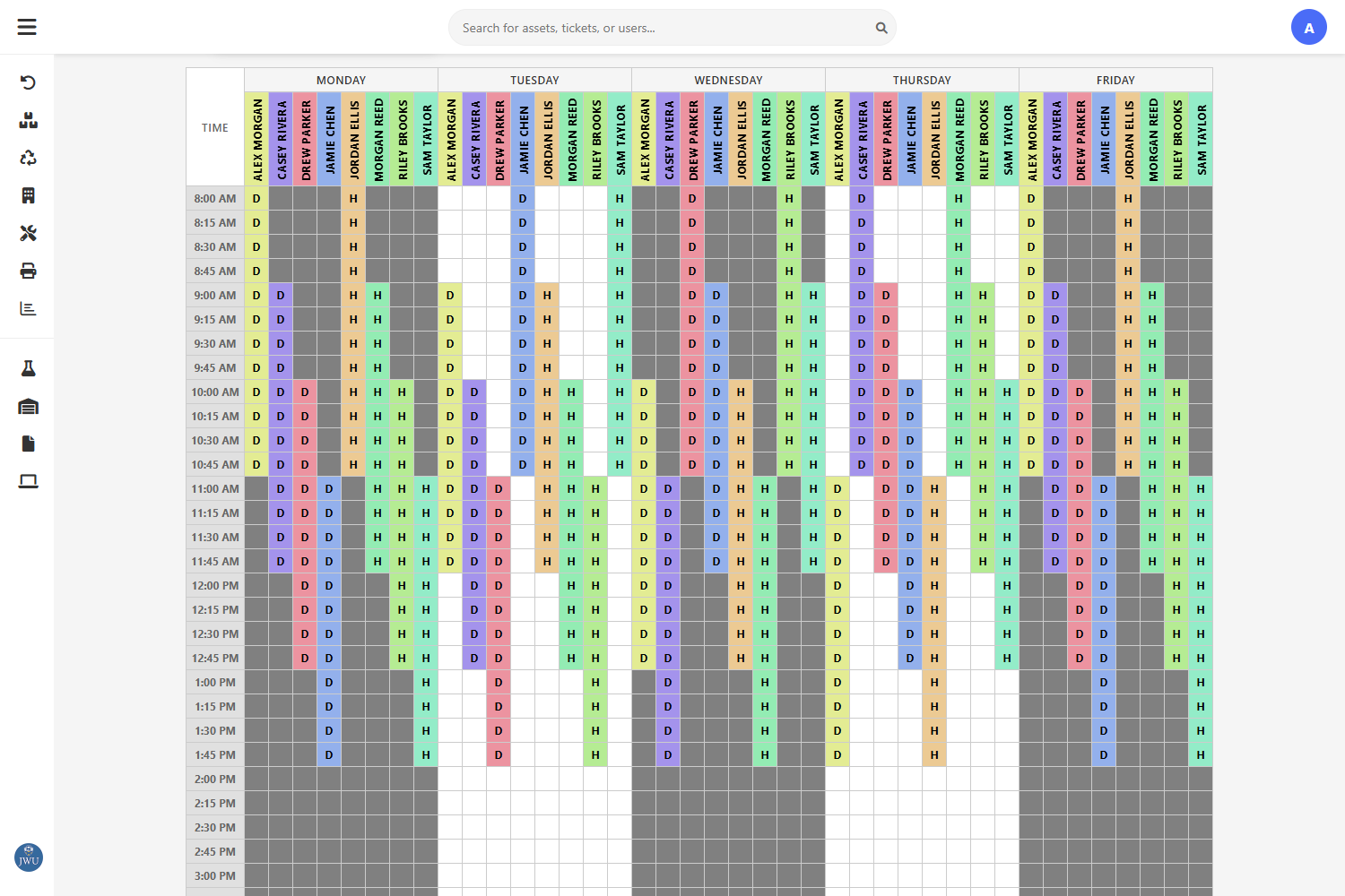 Campus Shift Scheduler weekly grid with color-coded employee shifts and campus assignments