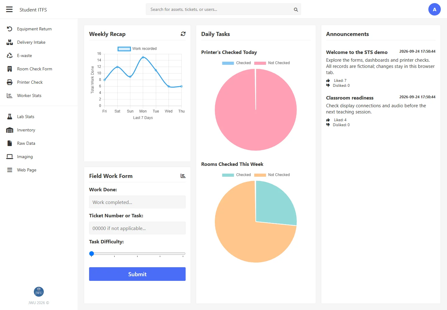 Student IT Field Services dashboard with activity charts, room and printer checks, and team announcements